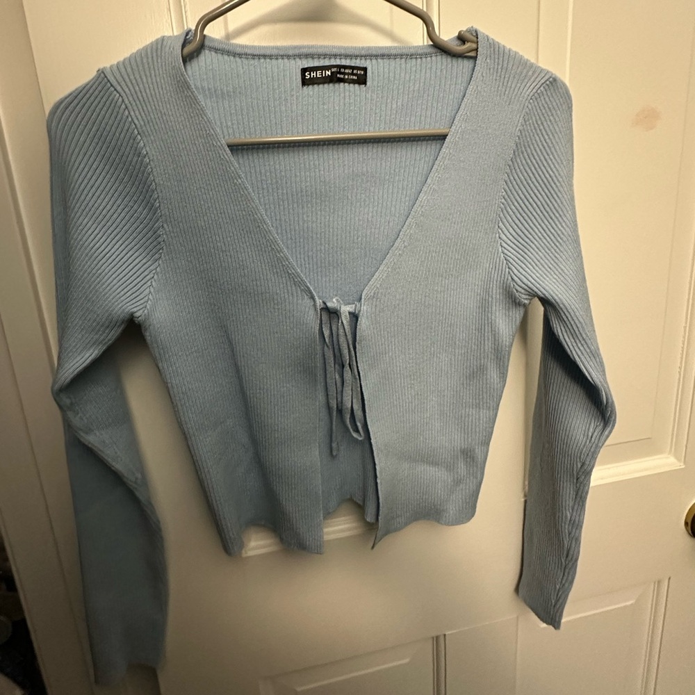SHEIN Blue Cardigan Sweater V-Neck Tie Closure